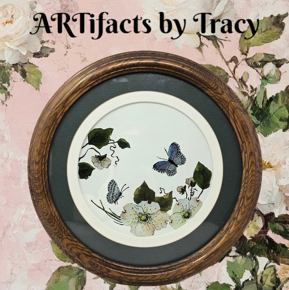 ARTifacts By Tracy Butterfly Flowers & Vines Art In Round Frame Nature Spring - Picture 1 of 11